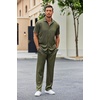 image:imageCOOFANDY Mens 2 Piece Outfit Casual Short Sleeve Button Down Shirt Beach Summer Loose Pant SetsArmy Green