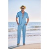 image:imageCOOFANDY Mens 2 Piece Outfit Casual Short Sleeve Button Down Shirt Beach Summer Loose Pant SetsLight Blue