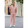 image:imageCOOFANDY Mens 2 Piece Outfit Casual Short Sleeve Button Down Shirt Beach Summer Loose Pant SetsLight Pink