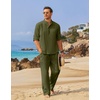 image:imageCOOFANDY Mens 2 Pieces Cotton Linen Set Long Sleeve Henley Shirts Casual Beach Pants With Pockets Summer Yoga OutfitsArmy Green