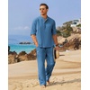image:imageCOOFANDY Mens 2 Pieces Cotton Linen Set Long Sleeve Henley Shirts Casual Beach Pants With Pockets Summer Yoga OutfitsDenim Blue