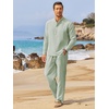 image:imageCOOFANDY Mens 2 Pieces Cotton Linen Set Long Sleeve Henley Shirts Casual Beach Pants With Pockets Summer Yoga OutfitsLight Green