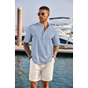 image:imageCOOFANDY Mens Casual Henley Shirt Short Sleeve Band Collar Linen Shirt Summer Beach Hippie TShirtsAflecking Blue