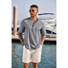 image:imageCOOFANDY Mens Casual Henley Shirt Short Sleeve Band Collar Linen Shirt Summer Beach Hippie TShirtsFlecking Navy Blue