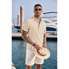 image:imageCOOFANDY Mens Casual Henley Shirt Short Sleeve Band Collar Linen Shirt Summer Beach Hippie TShirtsLight Khaki