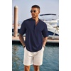 image:imageCOOFANDY Mens Casual Henley Shirt Short Sleeve Band Collar Linen Shirt Summer Beach Hippie TShirtsNavy Blue