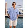 image:imageCOOFANDY Mens Casual Henley Shirt Short Sleeve Band Collar Linen Shirt Summer Beach Hippie TShirtsStriped Blue