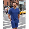 image:imageCOOFANDY Mens Cotton Waffle 2 Piece Outfits Casual Short Sleeve Shirts and Shorts Set Summer Jogging Tracksuit Lounge SetsDark Blue