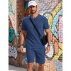 image:imageCOOFANDY Mens Cotton Waffle 2 Piece Outfits Casual Short Sleeve Shirts and Shorts Set Summer Jogging Tracksuit Lounge SetsNavy Blue