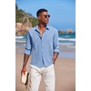 image:imageCOOFANDY Mens Cuban Guayabera Shirt Casual Button Down Shirts Long Sleeve Summer Beach ShirtsBluewhite Webbing