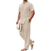 image:imageCOOFANDY Mens 2 Piece Cotton Sets Casual Short Sleeve Henley Shirts and Beach Pants with Pockets Summer Vacation OutfitsLight Khaki