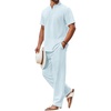 image:imageCOOFANDY Mens 2 Piece Cotton Sets Casual Short Sleeve Henley Shirts and Beach Pants with Pockets Summer Vacation OutfitsZlight Blue