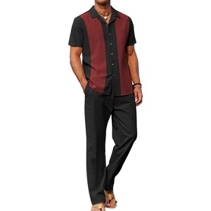 image:imageCOOFANDY Men 2 Piece Linen Outfit Beach Button Down Shirt Casual Loose Pant SetsBlack Patchwork Wine Red ShirtBlack Pants