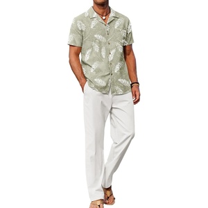 image:imageCOOFANDY Men 2 Piece Linen Outfit Beach Button Down Shirt Casual Loose Pant SetsGreen Floral ShirtWhite Pants