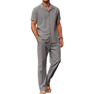 image:imageCOOFANDY Men 2 Piece Linen Outfit Beach Button Down Shirt Casual Loose Pant SetsGrey