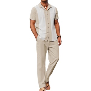 image:imageCOOFANDY Men 2 Piece Linen Outfit Beach Button Down Shirt Casual Loose Pant SetsKhaki Patchwork White ShirtKhaki Pants
