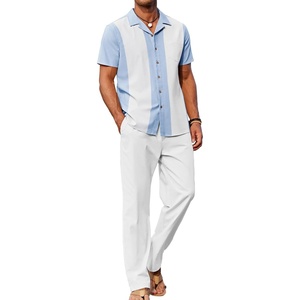 image:imageCOOFANDY Men 2 Piece Linen Outfit Beach Button Down Shirt Casual Loose Pant SetsLight Blue Patchwork White ShirtWhite Pants
