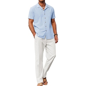 image:imageCOOFANDY Men 2 Piece Linen Outfit Beach Button Down Shirt Casual Loose Pant SetsLight Blue ShirtWhite Pants