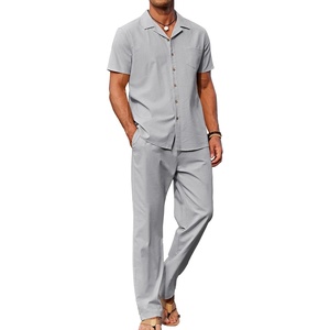 image:imageCOOFANDY Men 2 Piece Linen Outfit Beach Button Down Shirt Casual Loose Pant SetsLight Grey