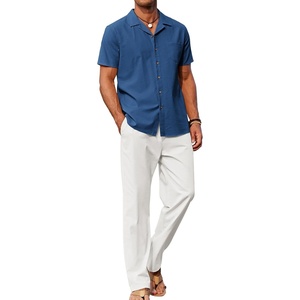 image:imageCOOFANDY Men 2 Piece Linen Outfit Beach Button Down Shirt Casual Loose Pant SetsNavy ShirtWhite Pants
