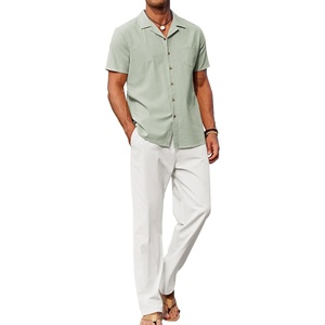 image:imageCOOFANDY Men 2 Piece Linen Outfit Beach Button Down Shirt Casual Loose Pant SetsSage Green ShirtWhite Pants
