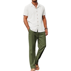 image:imageCOOFANDY Men 2 Piece Linen Outfit Beach Button Down Shirt Casual Loose Pant SetsWhite ShirtArmy Green Pants