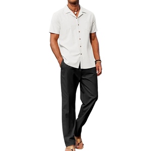 image:imageCOOFANDY Men 2 Piece Linen Outfit Beach Button Down Shirt Casual Loose Pant SetsWhite ShirtBlack Pants