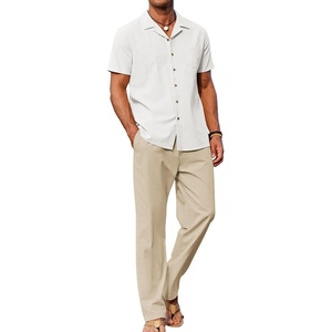 image:imageCOOFANDY Men 2 Piece Linen Outfit Beach Button Down Shirt Casual Loose Pant SetsWhite ShirtKhaki Pants