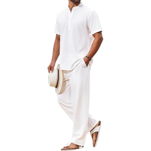 image:imageCOOFANDY Mens 2 Piece Cotton Sets Casual Short Sleeve Henley Shirts and Beach Pants with Pockets Summer Vacation OutfitsAwhite