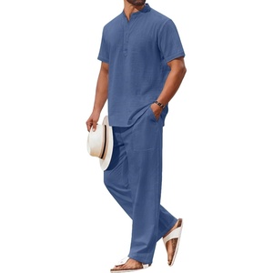image:imageCOOFANDY Mens 2 Piece Cotton Sets Casual Short Sleeve Henley Shirts and Beach Pants with Pockets Summer Vacation OutfitsZdenim Blue