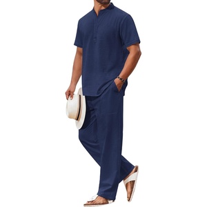 image:imageCOOFANDY Mens 2 Piece Cotton Sets Casual Short Sleeve Henley Shirts and Beach Pants with Pockets Summer Vacation OutfitsZnavy Blue
