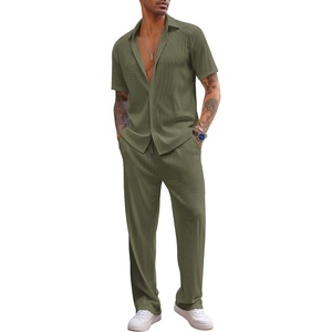 image:imageCOOFANDY Mens 2 Piece Outfit Casual Short Sleeve Button Down Shirt Beach Summer Loose Pant SetsArmy Green