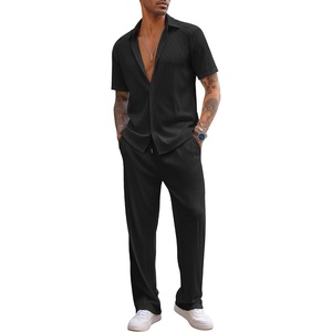 image:imageCOOFANDY Mens 2 Piece Outfit Casual Short Sleeve Button Down Shirt Beach Summer Loose Pant SetsBlack
