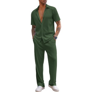 image:imageCOOFANDY Mens 2 Piece Outfit Casual Short Sleeve Button Down Shirt Beach Summer Loose Pant SetsDark Green
