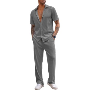 image:imageCOOFANDY Mens 2 Piece Outfit Casual Short Sleeve Button Down Shirt Beach Summer Loose Pant SetsDark Grey