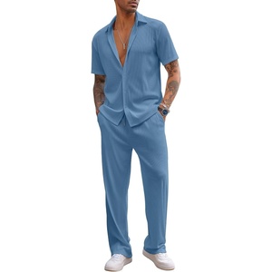 image:imageCOOFANDY Mens 2 Piece Outfit Casual Short Sleeve Button Down Shirt Beach Summer Loose Pant SetsGrey Blue