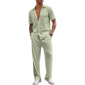image:imageCOOFANDY Mens 2 Piece Outfit Casual Short Sleeve Button Down Shirt Beach Summer Loose Pant SetsLight Green