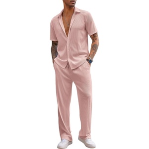 image:imageCOOFANDY Mens 2 Piece Outfit Casual Short Sleeve Button Down Shirt Beach Summer Loose Pant SetsLight Pink