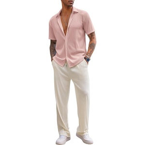 image:imageCOOFANDY Mens 2 Piece Outfit Casual Short Sleeve Button Down Shirt Beach Summer Loose Pant SetsLight Pink Beige