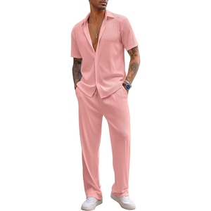 image:imageCOOFANDY Mens 2 Piece Outfit Casual Short Sleeve Button Down Shirt Beach Summer Loose Pant SetsPink
