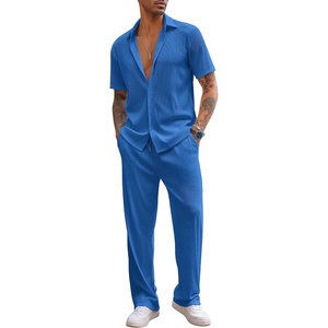 image:imageCOOFANDY Mens 2 Piece Outfit Casual Short Sleeve Button Down Shirt Beach Summer Loose Pant SetsRoyal Blue