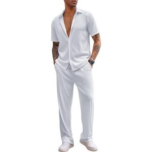image:imageCOOFANDY Mens 2 Piece Outfit Casual Short Sleeve Button Down Shirt Beach Summer Loose Pant SetsWhite
