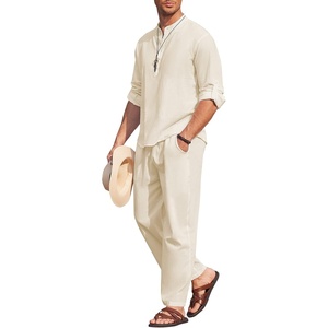 image:imageCOOFANDY Mens 2 Pieces Cotton Linen Set Long Sleeve Henley Shirts Casual Beach Pants With Pockets Summer Yoga OutfitsBeige