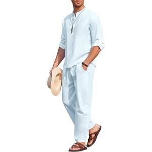 image:imageCOOFANDY Mens 2 Pieces Cotton Linen Set Long Sleeve Henley Shirts Casual Beach Pants With Pockets Summer Yoga OutfitsLight Blue