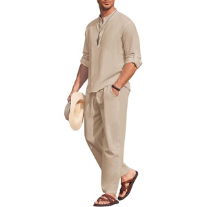 image:imageCOOFANDY Mens 2 Pieces Cotton Linen Set Long Sleeve Henley Shirts Casual Beach Pants With Pockets Summer Yoga OutfitsLight Khaki