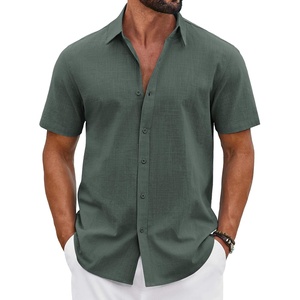 image:imageCOOFANDY Mens Button Down Shirts Short Sleeve Casual Shirt Cotton Summer Beach Linen Wedding ShirtsDark Green