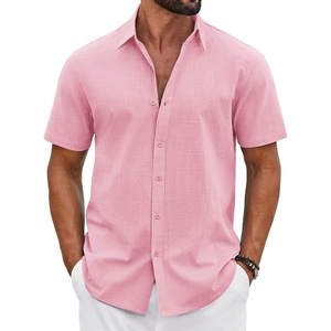 image:imageCOOFANDY Mens Button Down Shirts Short Sleeve Casual Shirt Cotton Summer Beach Linen Wedding ShirtsPink