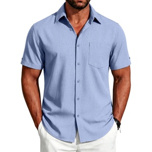 image:imageCOOFANDY Mens Button Down Shirts Short Sleeve Casual Shirts Summer Beach Linen Shirts with PocketLight Blue