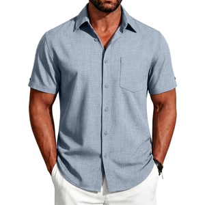 image:imageCOOFANDY Mens Button Down Shirts Short Sleeve Casual Shirts Summer Beach Linen Shirts with PocketLight Denim Blue