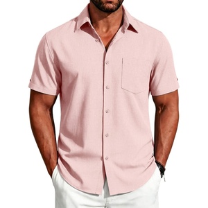 image:imageCOOFANDY Mens Button Down Shirts Short Sleeve Casual Shirts Summer Beach Linen Shirts with PocketLight Pink
